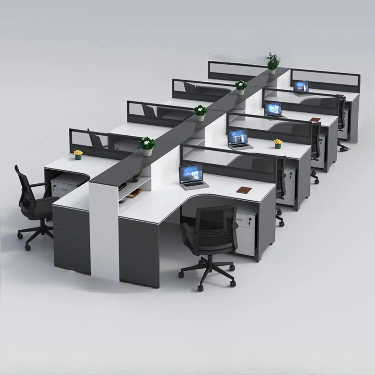 L-Shaped Modular Grey-White Storage Wood Office Desk Set Image - 27