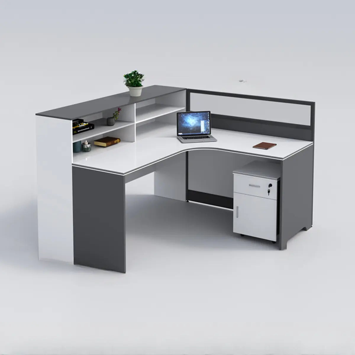 L-Shaped Modular Grey-White Storage Wood Office Desk Set Image - 4