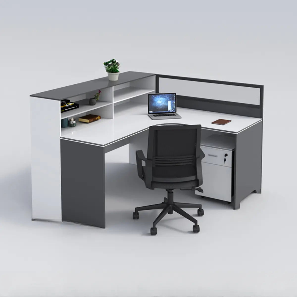 L-Shaped Modular Grey-White Storage Wood Office Desk Set Image - 6