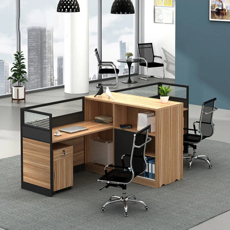 L-Shaped Wood Grain Black Storage Large Office Furniture Set Image - 1