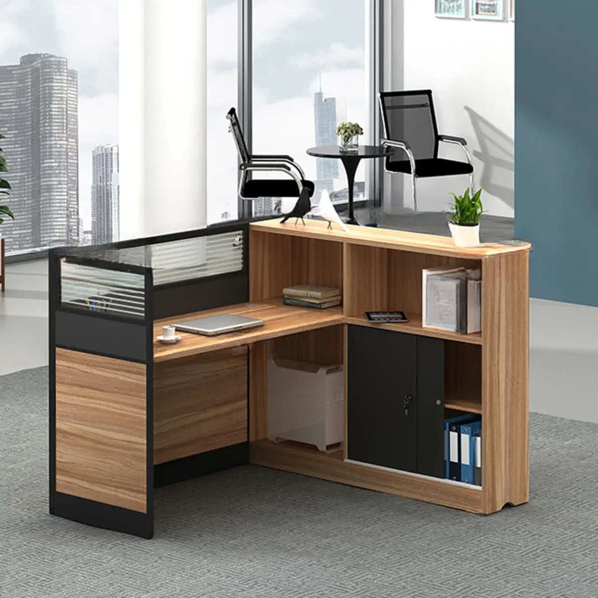 L-Shaped Wood Grain Black Storage Large Office Furniture Set Image - 10