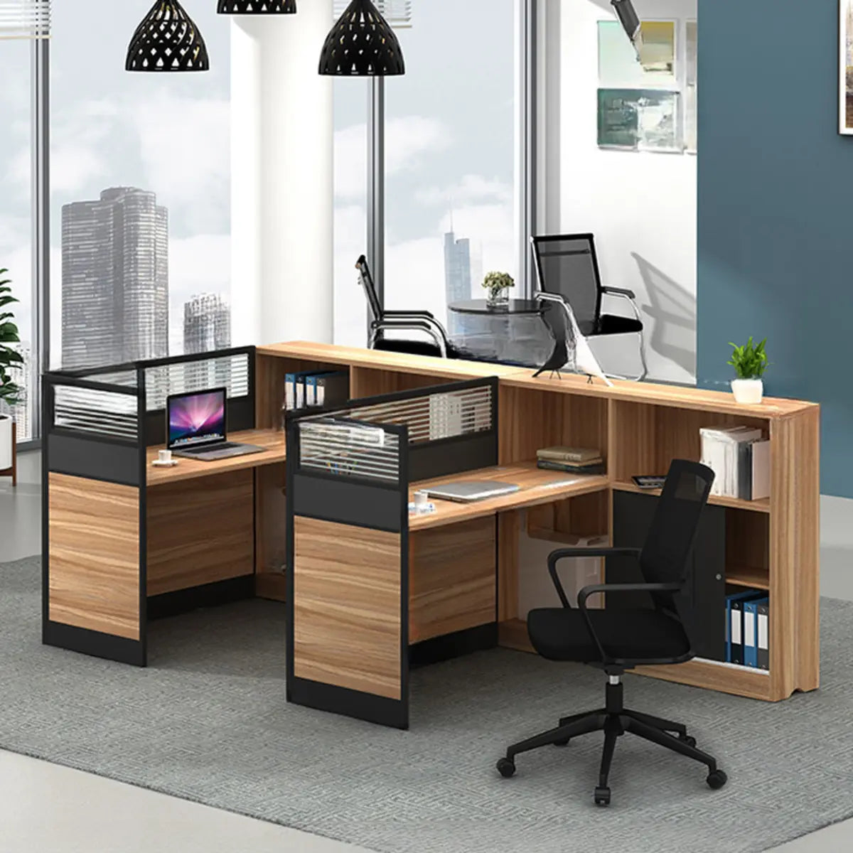 L-Shaped Wood Grain Black Storage Large Office Furniture Set Image - 12