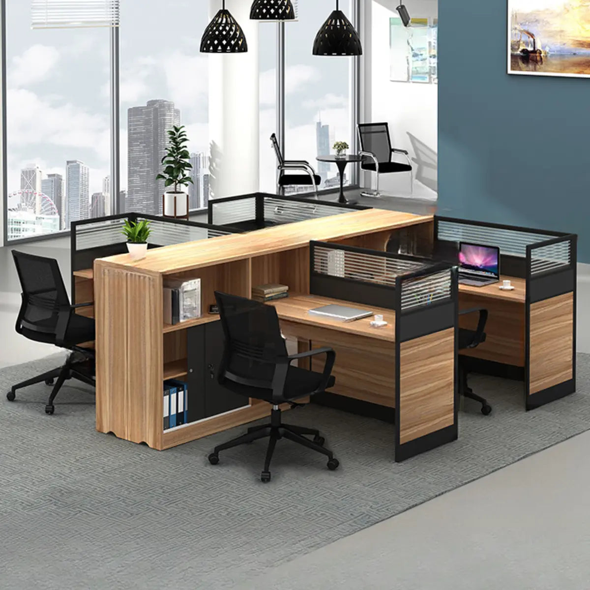 L-Shaped Wood Grain Black Storage Large Office Furniture Set Image - 17