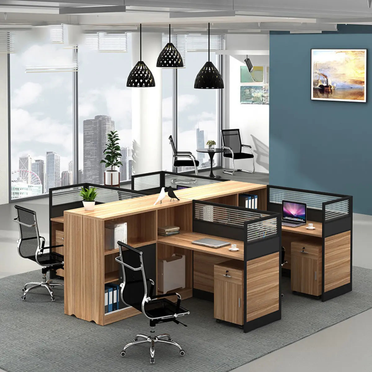 L-Shaped Wood Grain Black Storage Large Office Furniture Set Image - 3