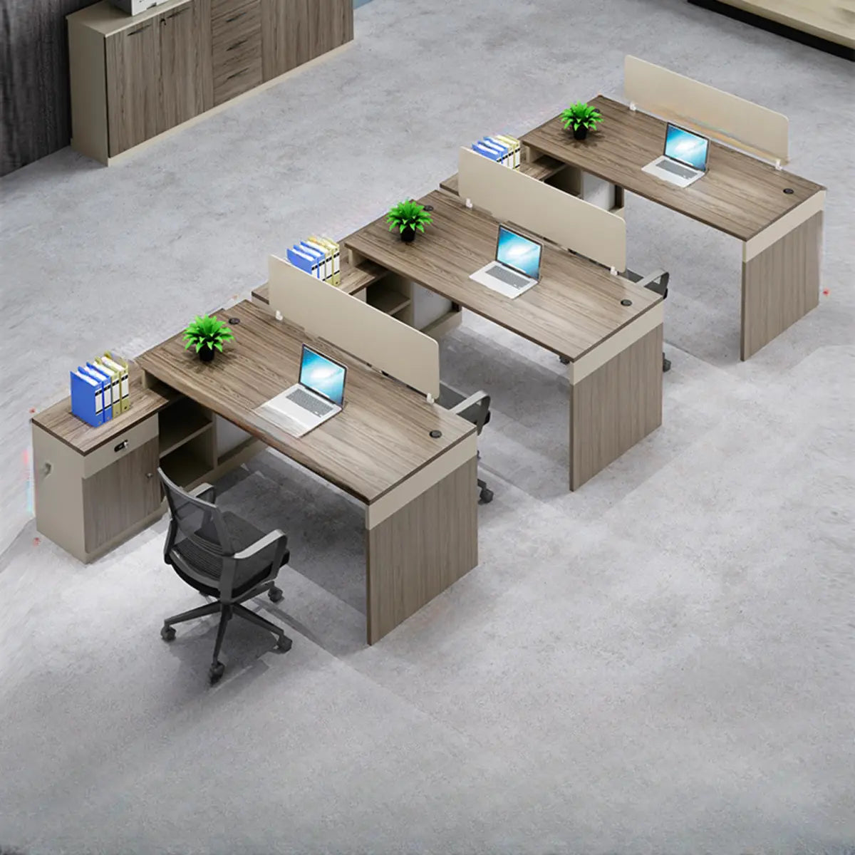 L-Shaped Wood Grain Office Desk with Cabinets and Chairs Image - 13