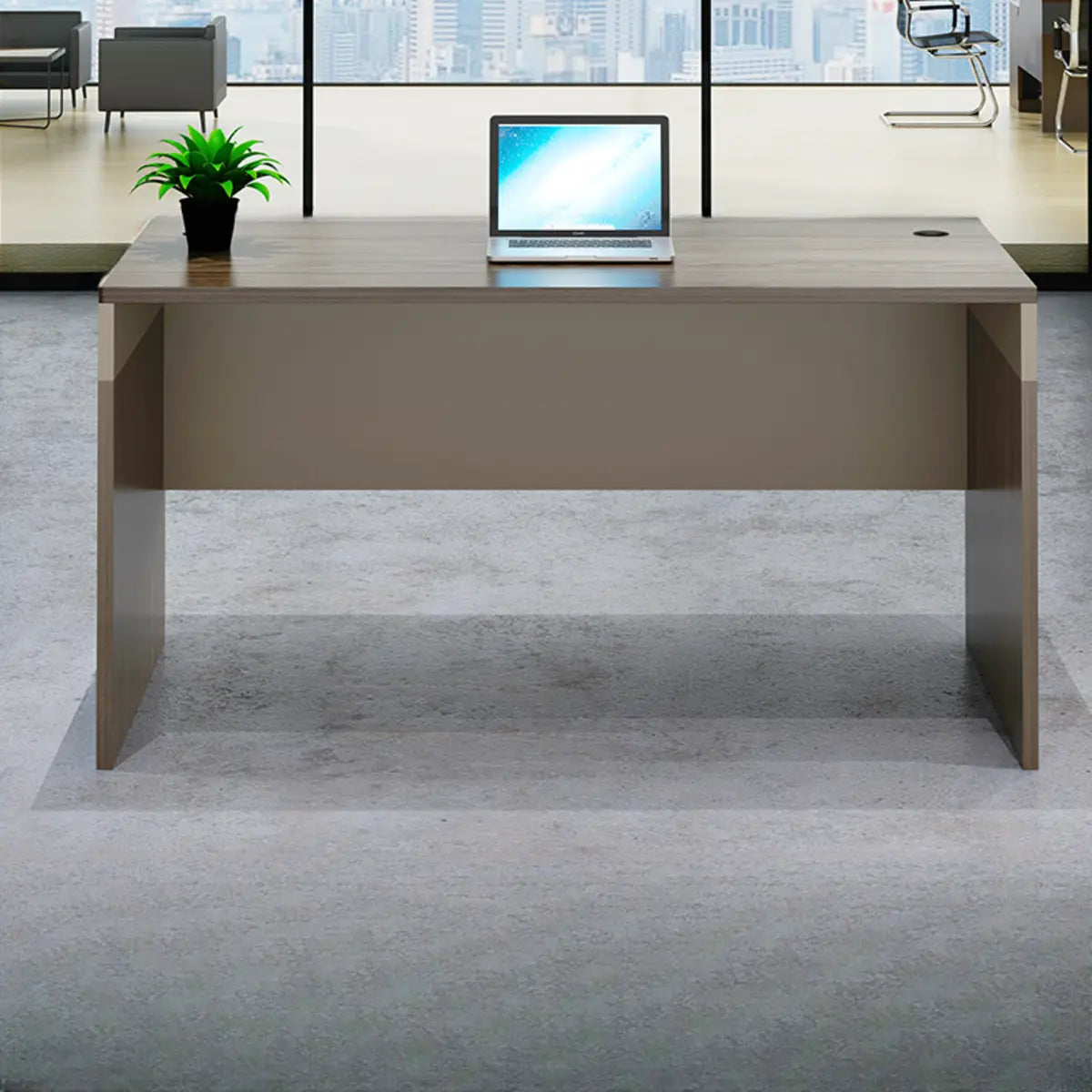 L-Shaped Wood Grain Office Desk with Cabinets and Chairs Image - 2