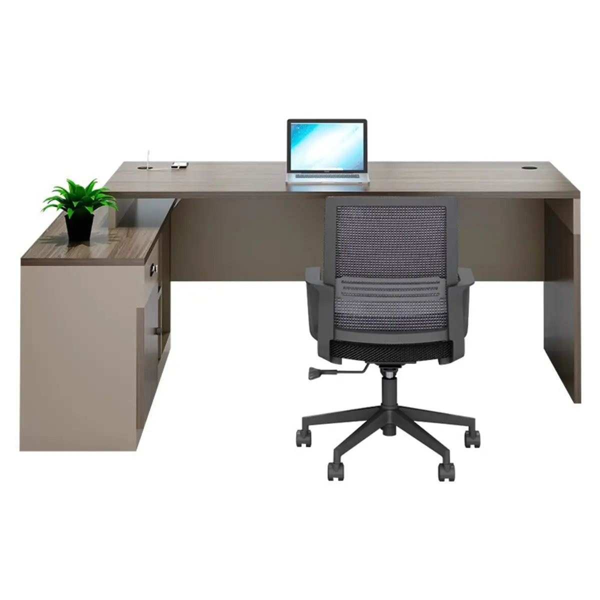 L-Shaped Wood Grain Office Desk with Cabinets and Chairs Image - 4