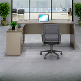 L-Shaped Wood Grain Office Desk with Cabinets and Chairs Image - 7