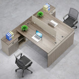 L-Shaped Wood Grain Office Desk with Cabinets and Chairs Image - 9