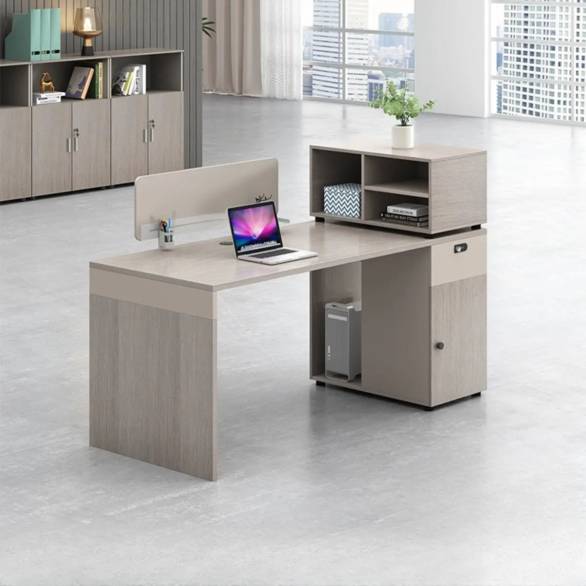 L-Shaped Wooden Gray Compact Storage Computer Desk Set Image - 2