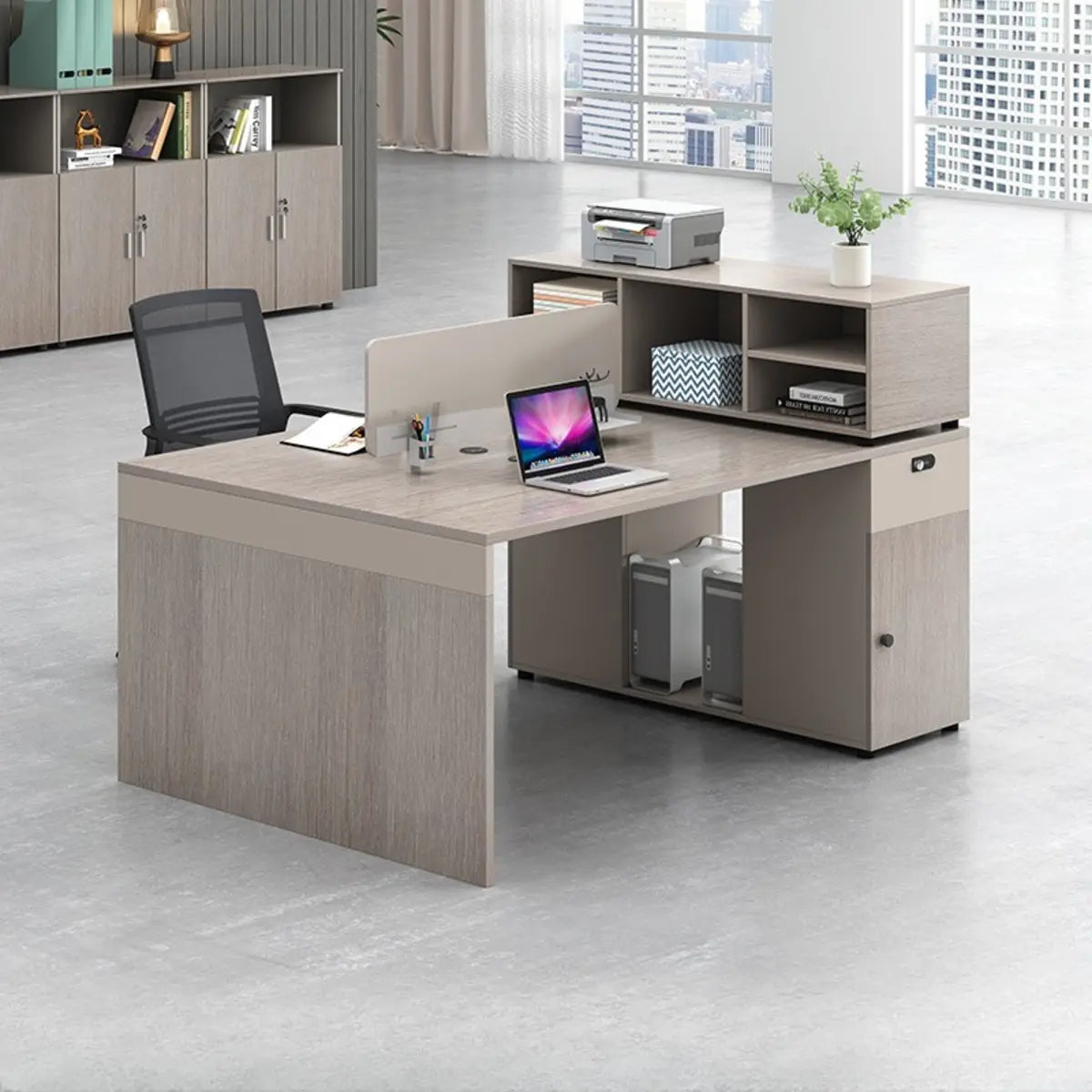 L-Shaped Wooden Gray Compact Storage Computer Desk Set Image - 3