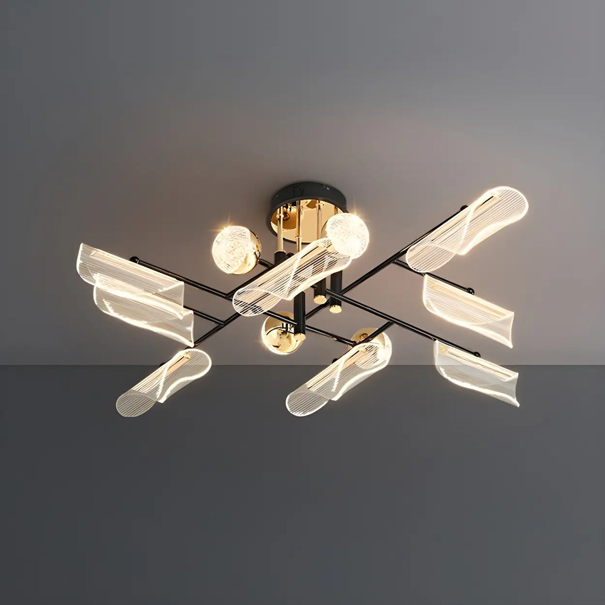 Large Black Linear Radial Semi-Flush Mount Ceiling Lamp Image - 5