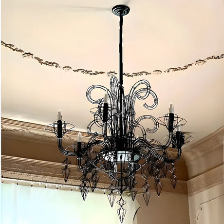 Large Black Metal Hollowed Living Room Candle Chandelier Image - 1