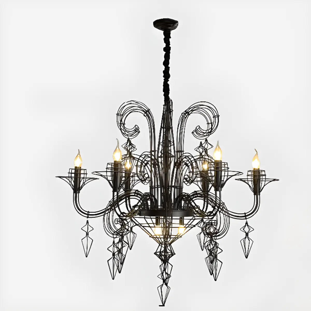 Large Black Metal Hollowed Living Room Candle Chandelier Image - 2