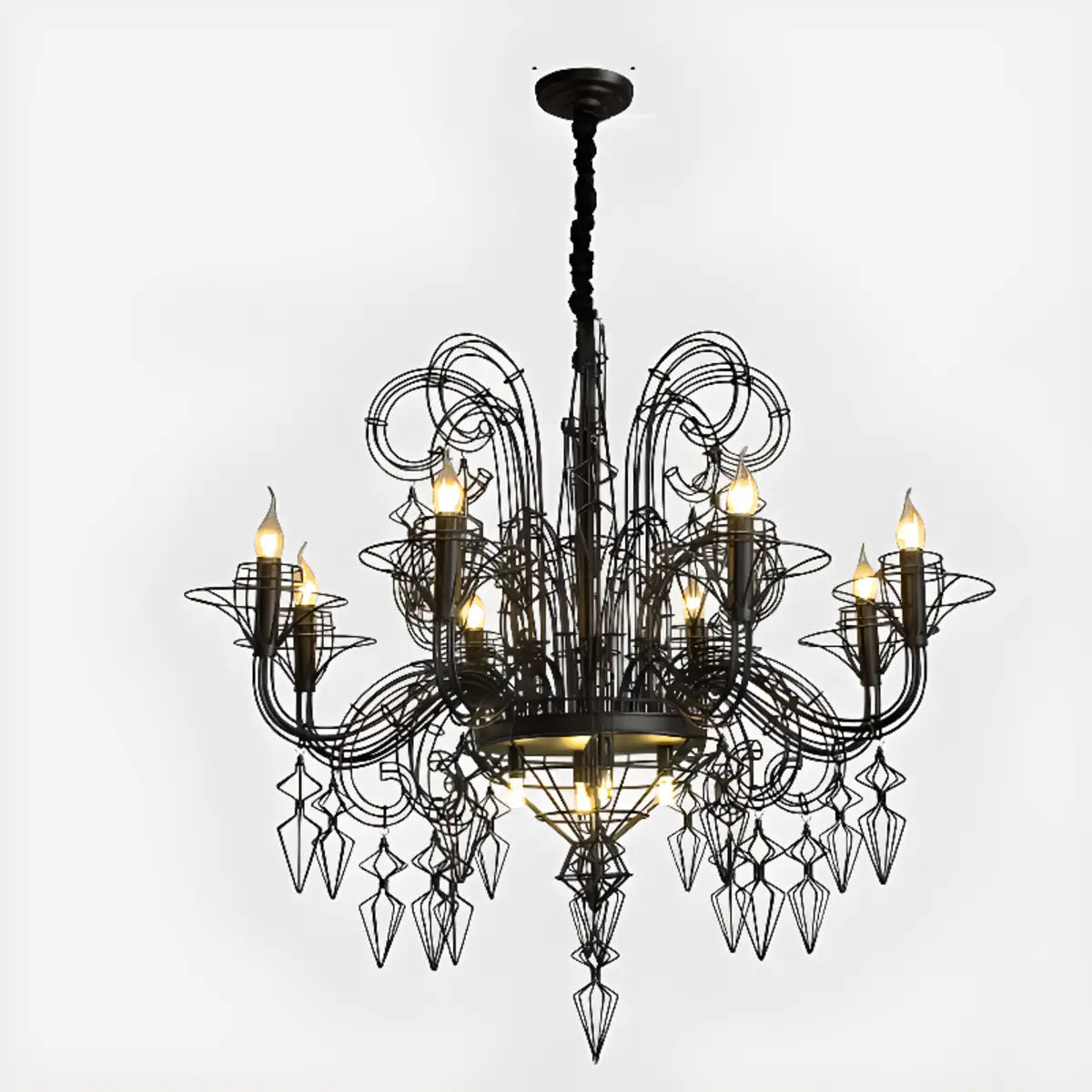 Large Black Metal Hollowed Living Room Candle Chandelier Image - 5