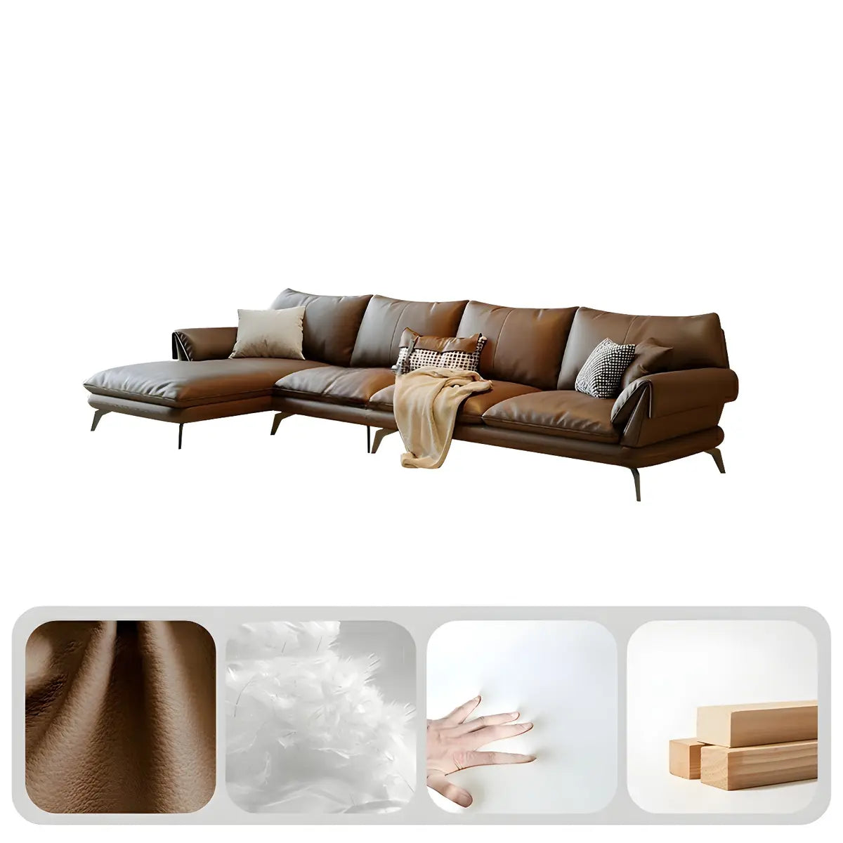 Large Brown Full Grain Cow Leather Left Sofa Chaise Image - 5