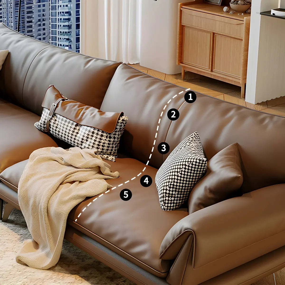 Large Brown Full Grain Cow Leather Left Sofa Chaise Image - 7