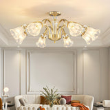 Large Crystal Floral Gold Semi-Flush Mount Lamp 8-Light Image - 1