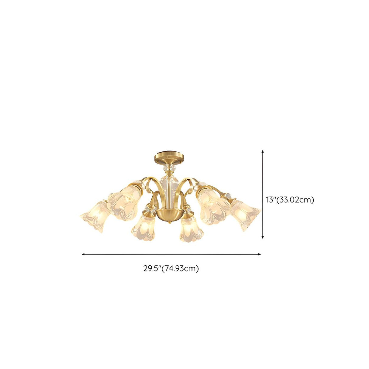 Large Crystal Floral Gold Semi-Flush Mount Lamp 8-Light 