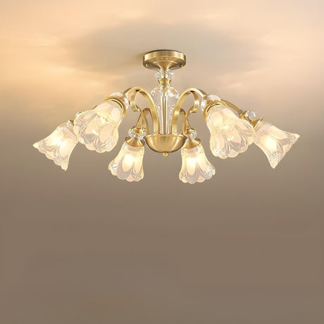 Large Crystal Floral Gold Semi-Flush Mount Lamp 8-Light Image - 2