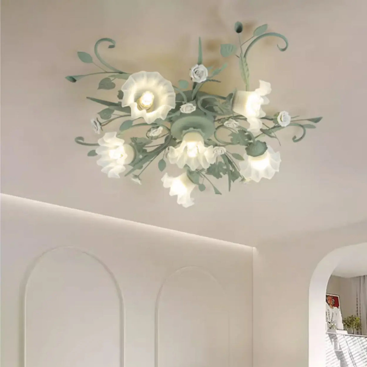 Large Elegant Green Floral Glass Semi-Flush Mount Light Image - 1