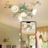 Large Elegant Green Floral Glass Semi-Flush Mount Light Image - 14