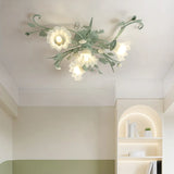 Large Elegant Green Floral Glass Semi-Flush Mount Light Image - 2