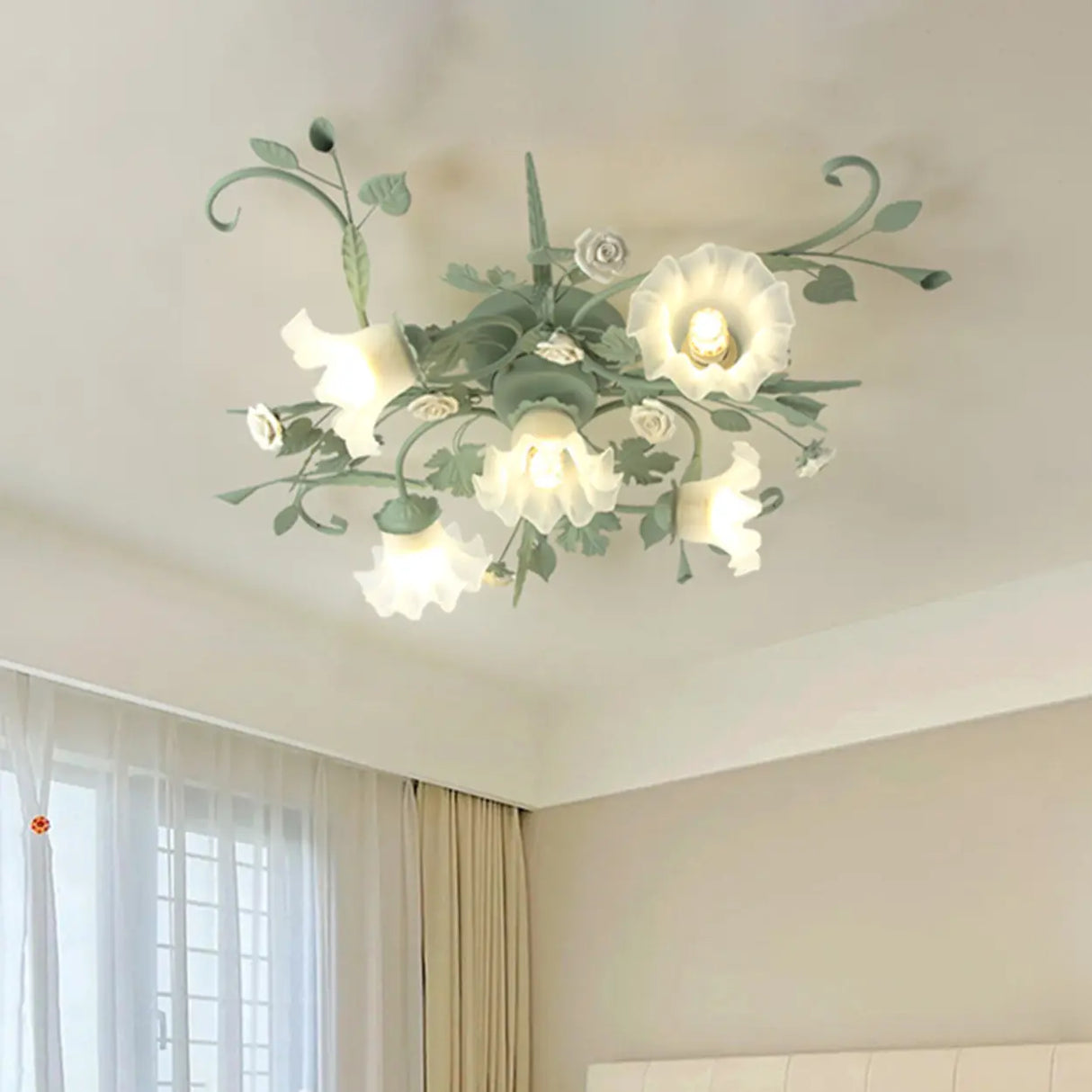 Large Elegant Green Floral Glass Semi-Flush Mount Light Image - 3