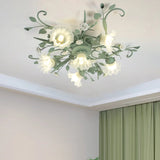 Large Elegant Green Floral Glass Semi-Flush Mount Light Image - 4