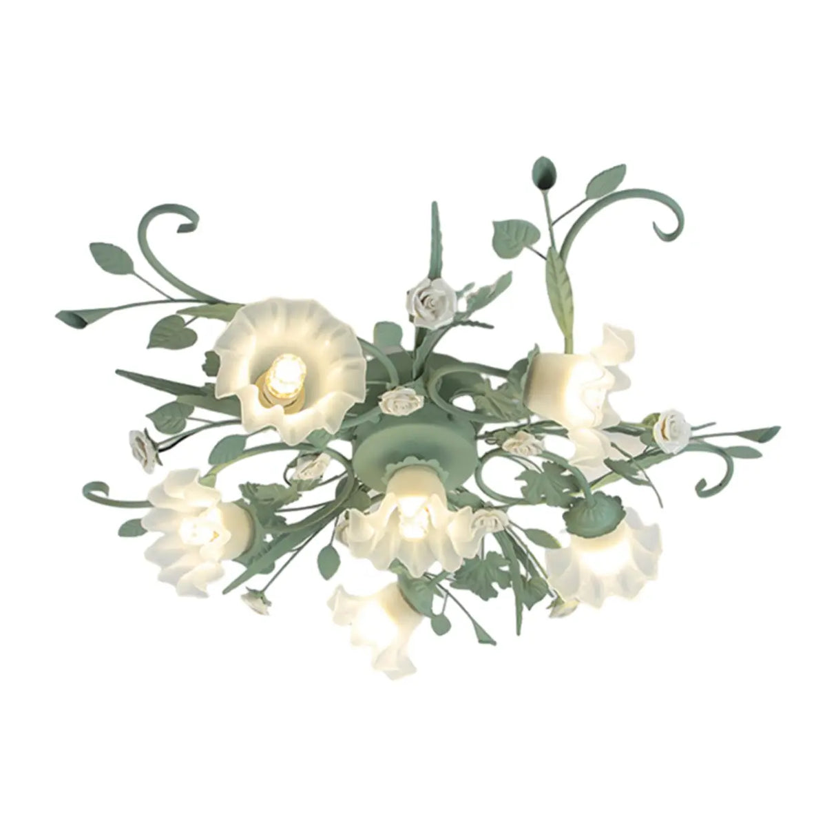 Large Elegant Green Floral Glass Semi-Flush Mount Light Image - 5