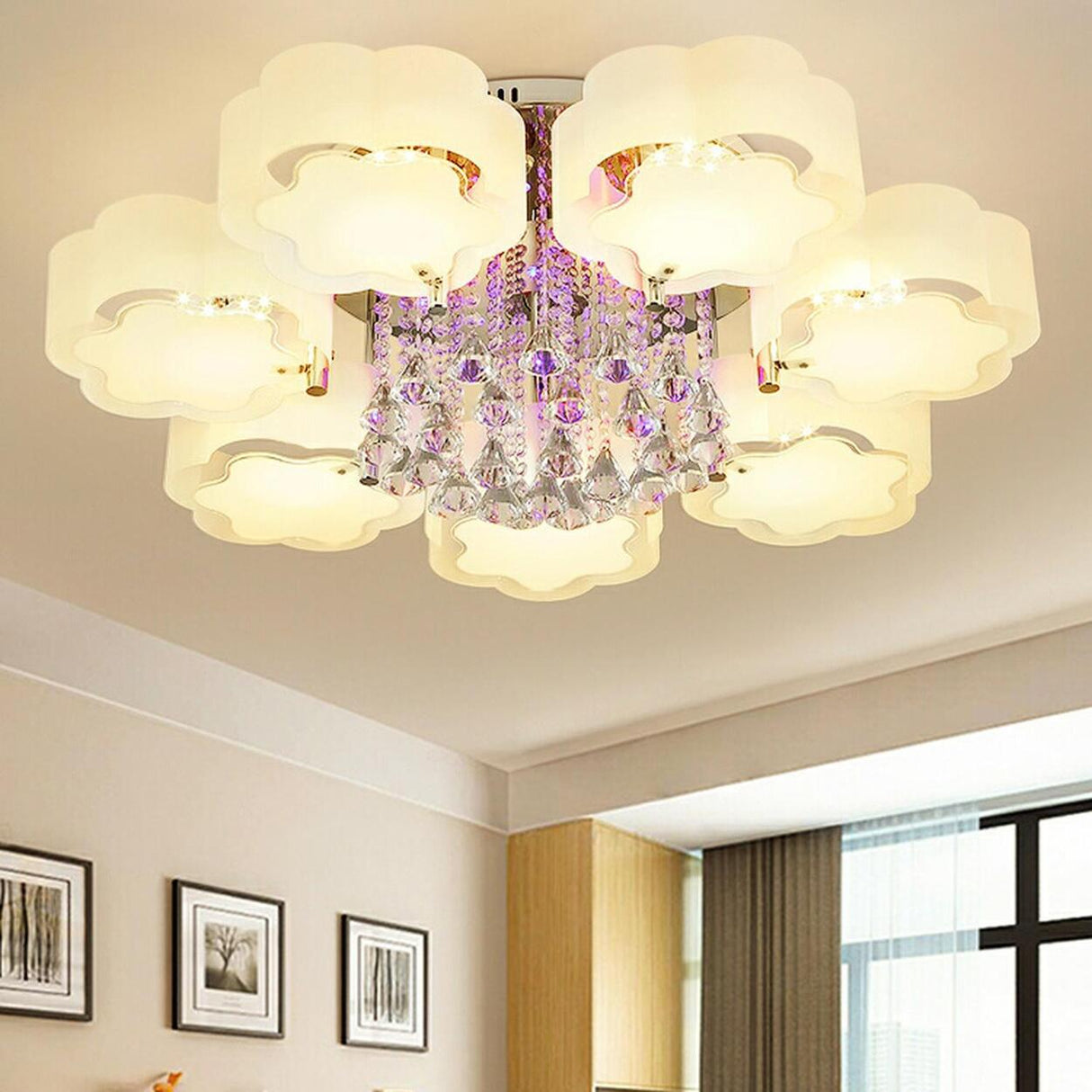 Large Floral Frosted Crystal Semi-Flush Mount Light Image - 1