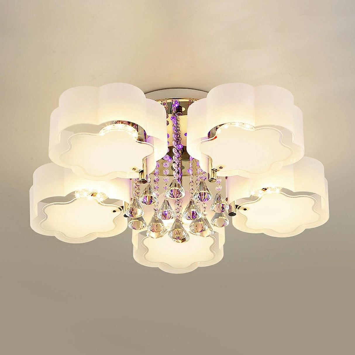 Large Floral Frosted Crystal Semi-Flush Mount Light Image - 2