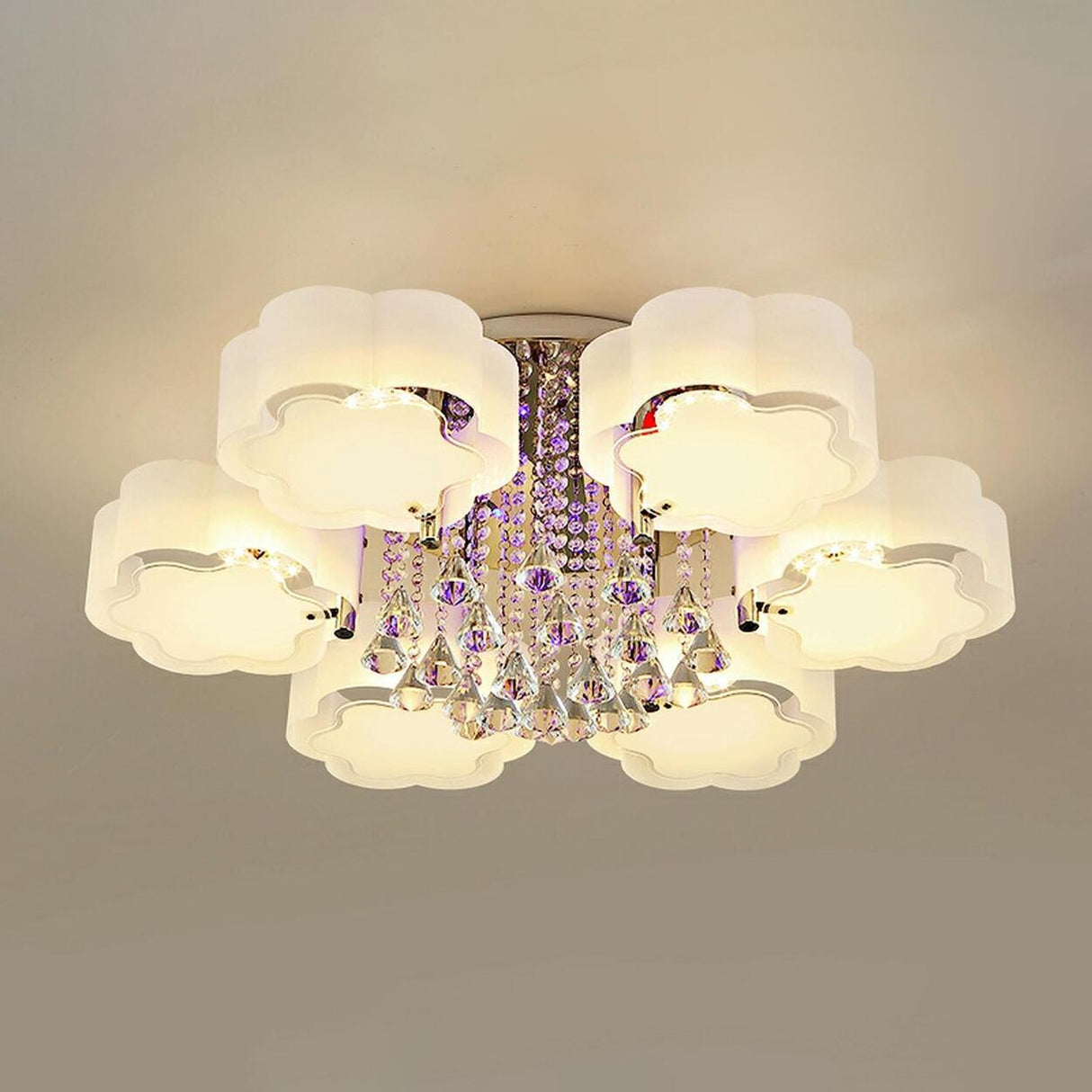 Large Floral Frosted Crystal Semi-Flush Mount Light Image - 3