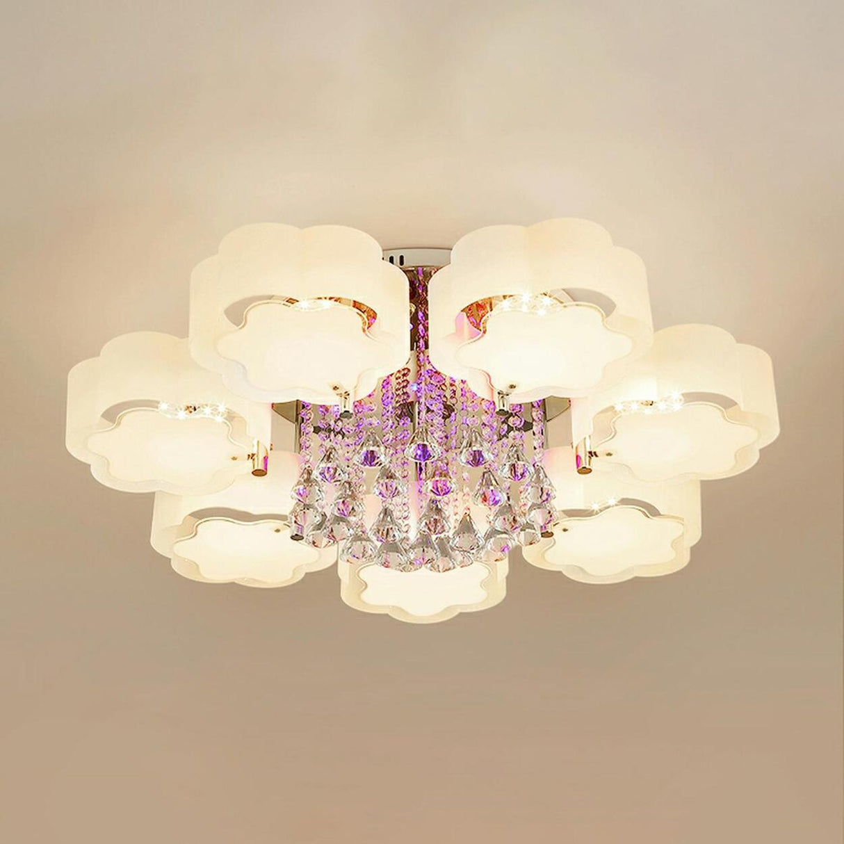 Large Floral Frosted Crystal Semi-Flush Mount Light Image - 5