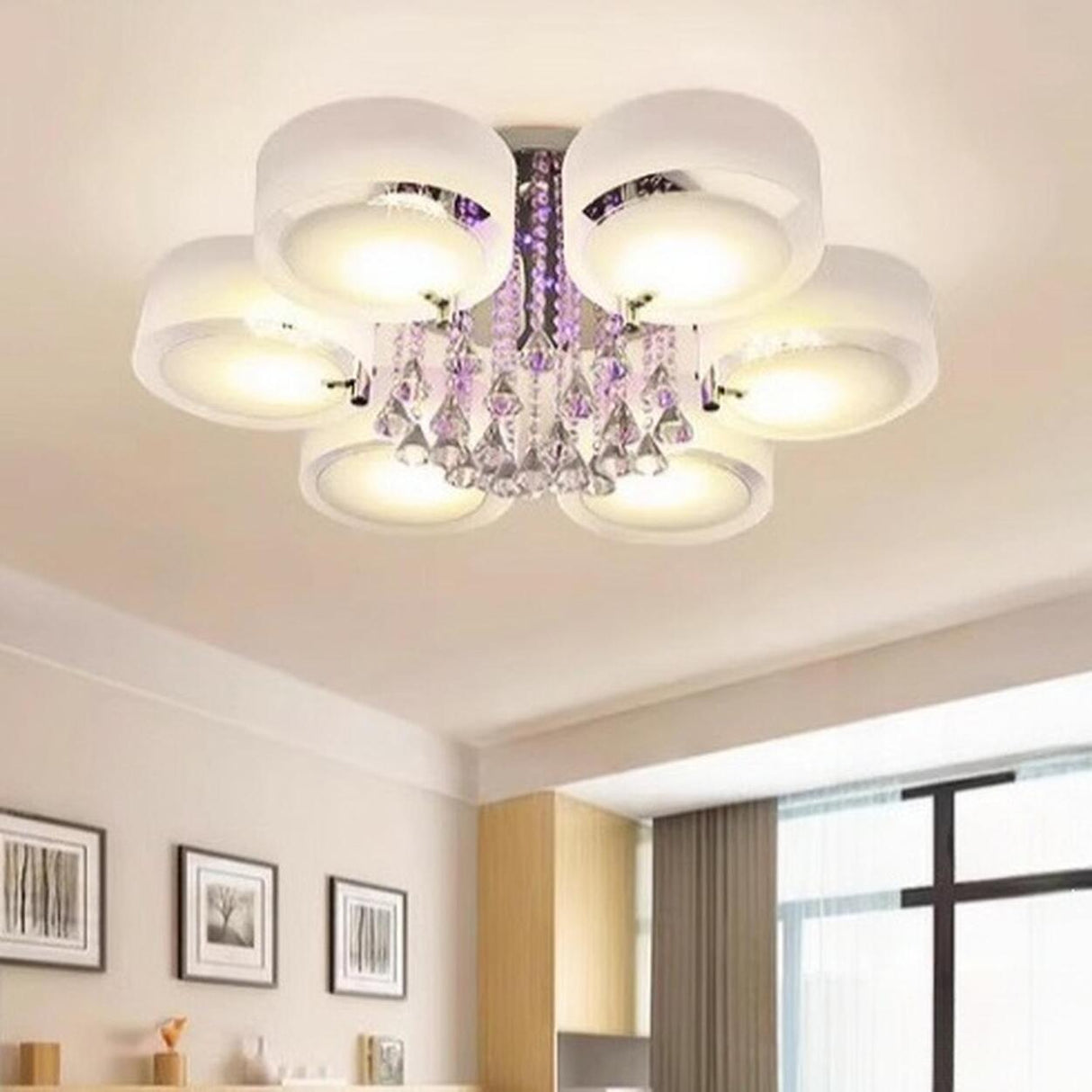 Large Floral Frosted Crystal Semi-Flush Mount Light Image - 8