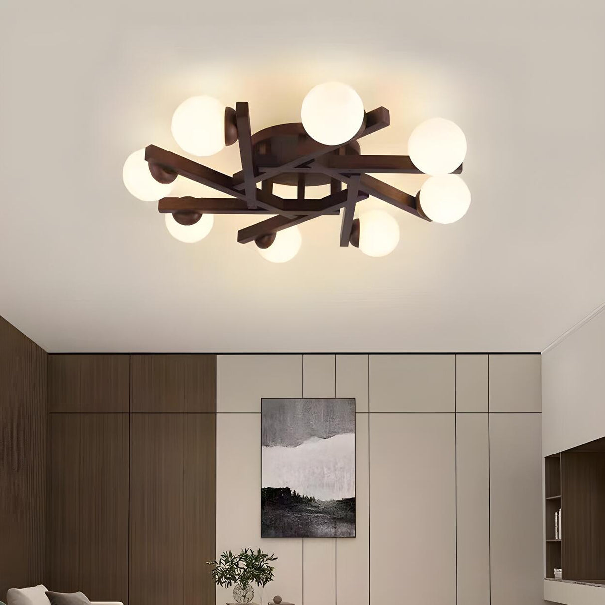 Large Globe Wood Semi-Flush Mount Ceiling Light 8-Light Image - 4