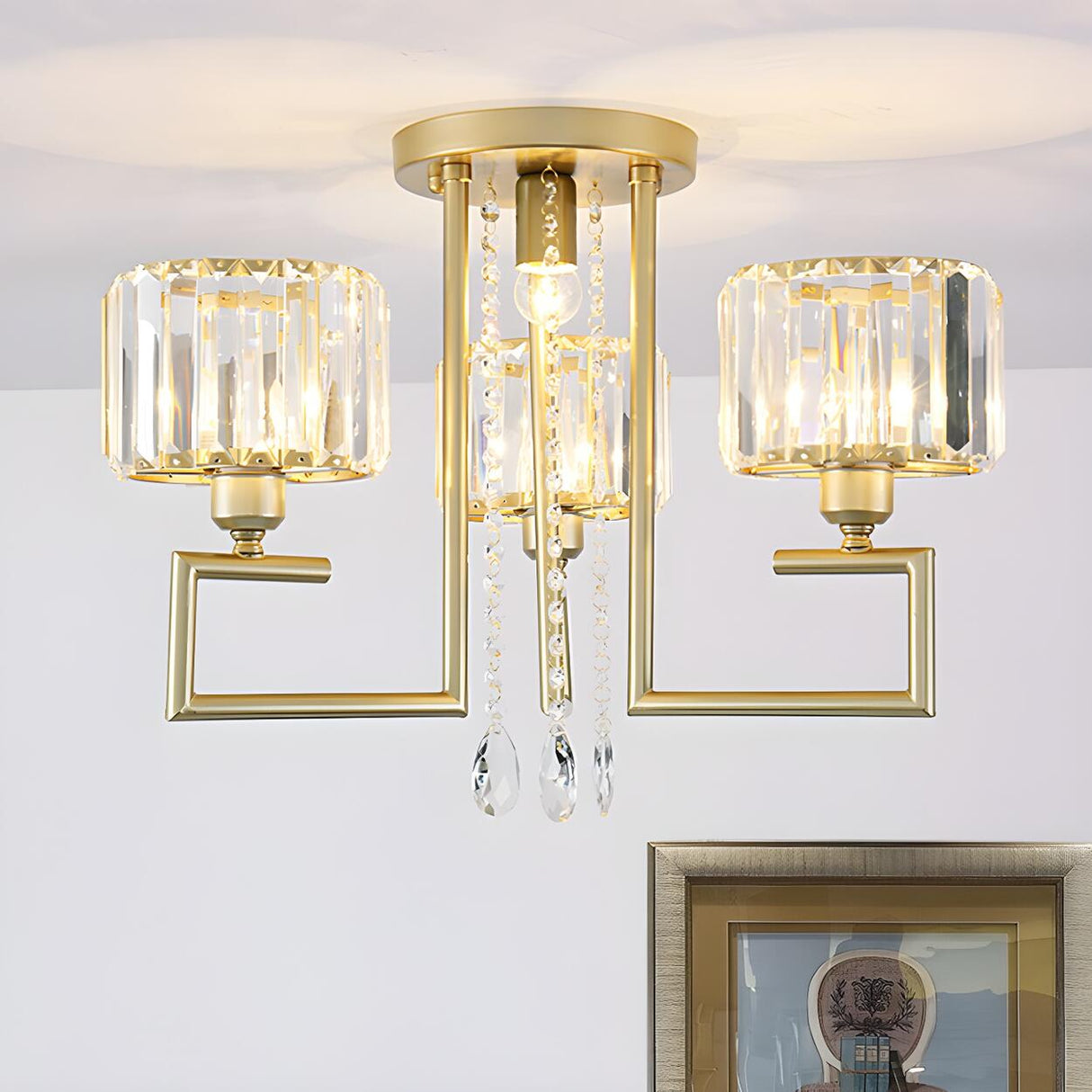 Large Gold Crystal Cylinder Flush Mount Light 3-Light Image - 1