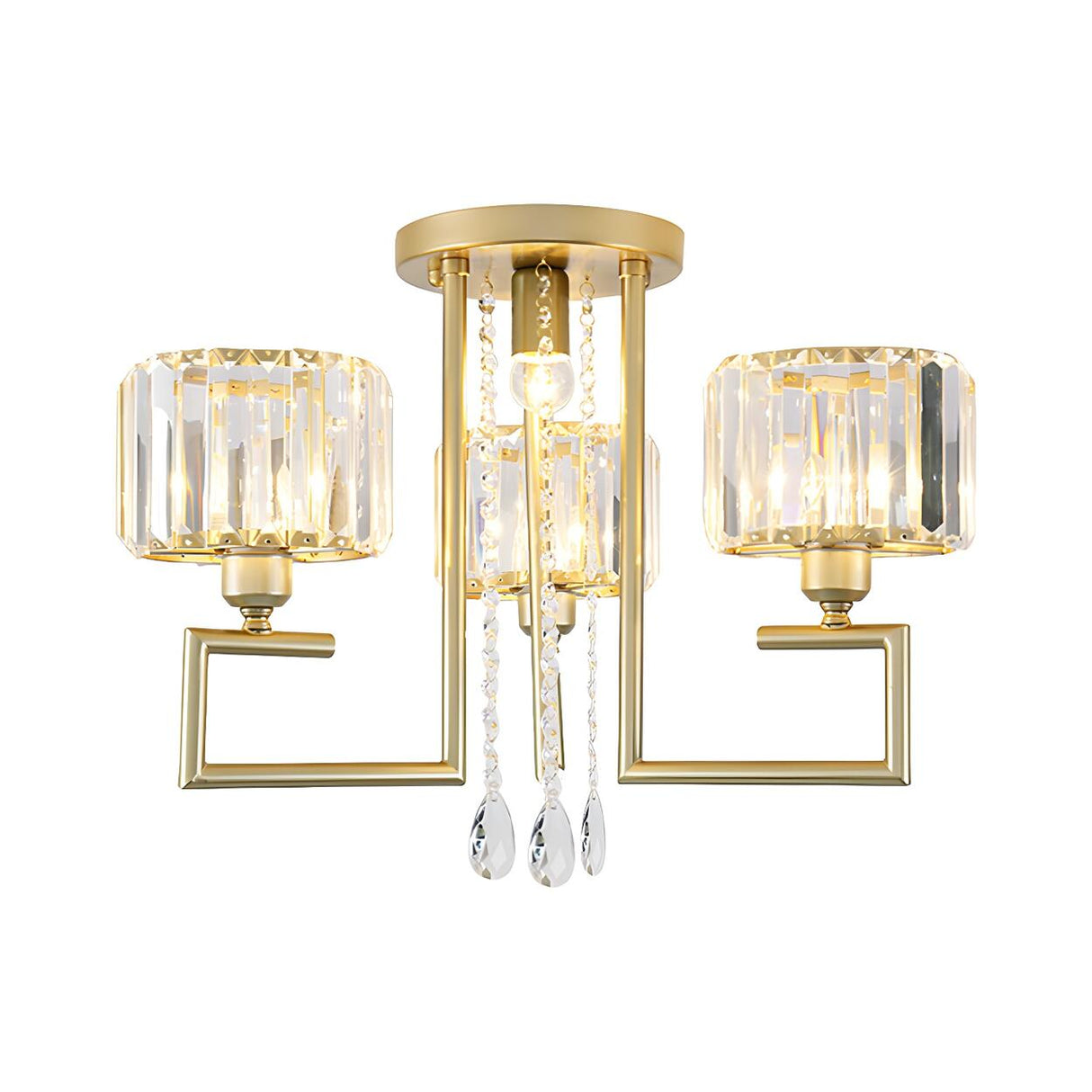 Large Gold Crystal Cylinder Flush Mount Light 3-Light Image - 4