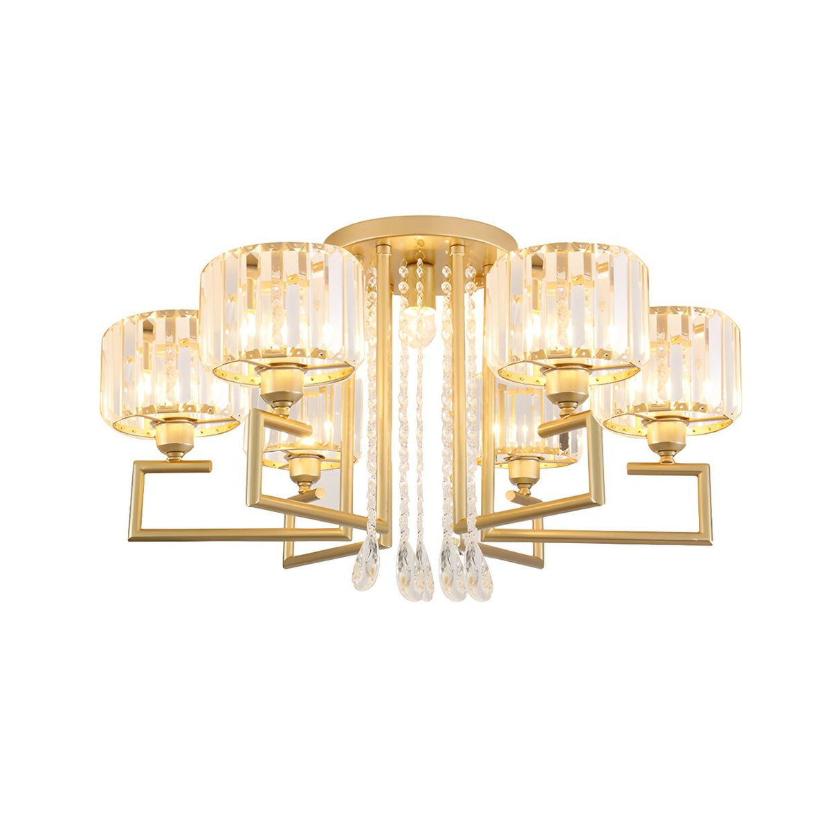 Large Gold Crystal Cylinder Flush Mount Light 3-Light Image - 8