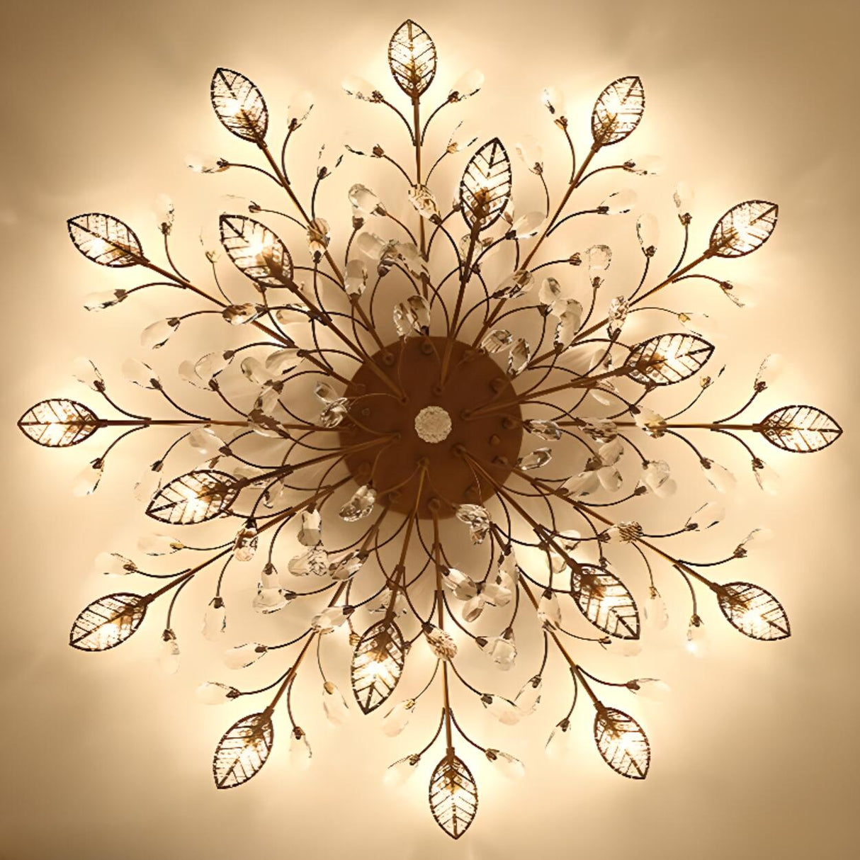 Large Gold Leaf Crystal Semi-Flush Mount Ceiling Light Image - 10