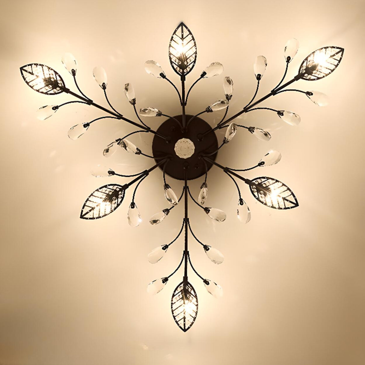 Large Gold Leaf Crystal Semi-Flush Mount Ceiling Light Image - 12