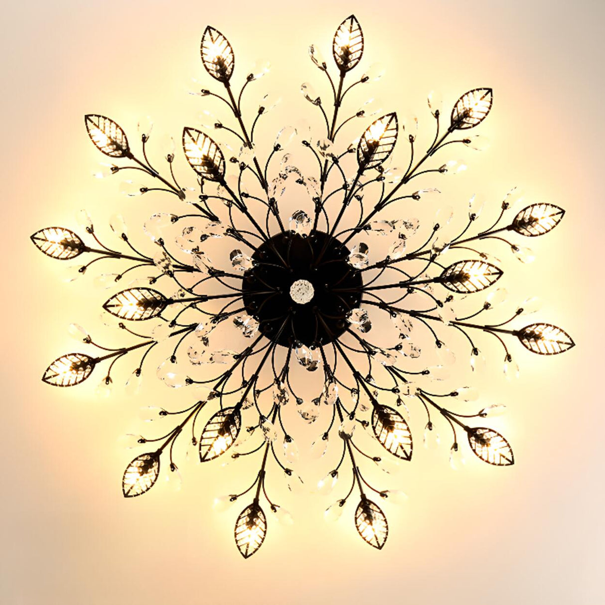 Large Gold Leaf Crystal Semi-Flush Mount Ceiling Light Image - 16