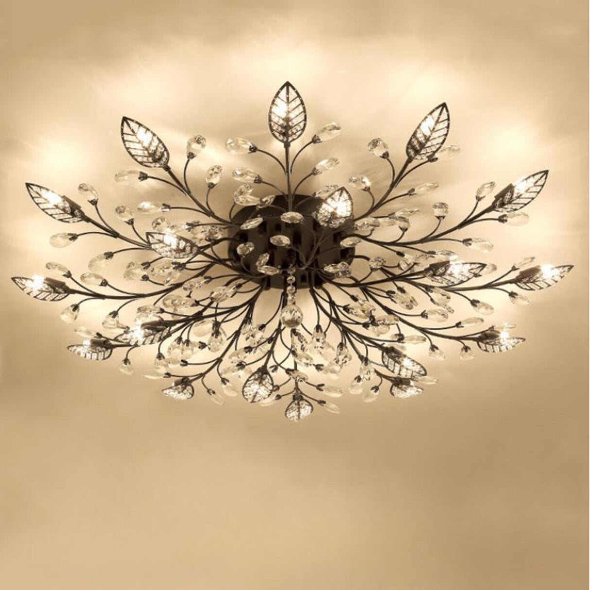 Large Gold Leaf Crystal Semi-Flush Mount Ceiling Light Image - 17