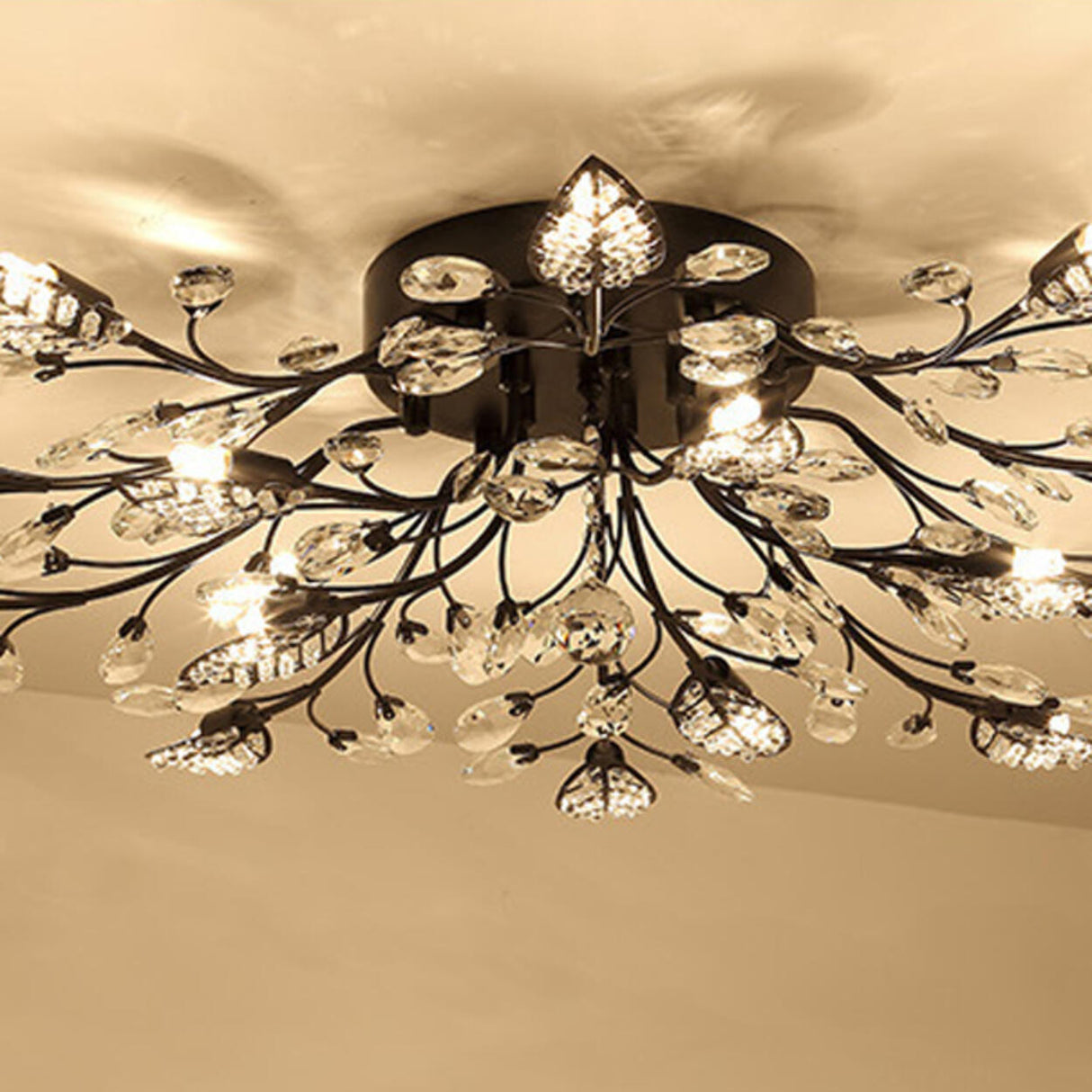 Large Gold Leaf Crystal Semi-Flush Mount Ceiling Light Image - 21