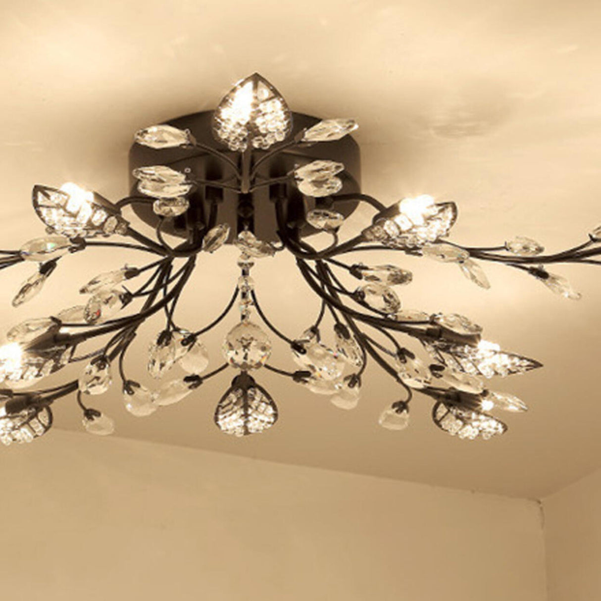 Large Gold Leaf Crystal Semi-Flush Mount Ceiling Light Image - 22