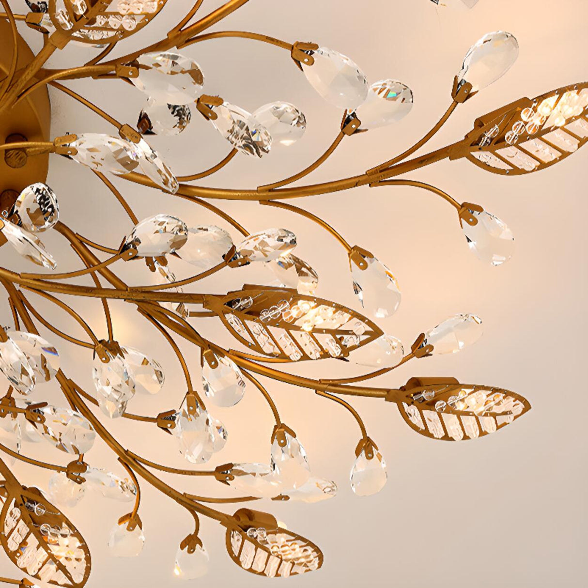 Large Gold Leaf Crystal Semi-Flush Mount Ceiling Light Image - 28