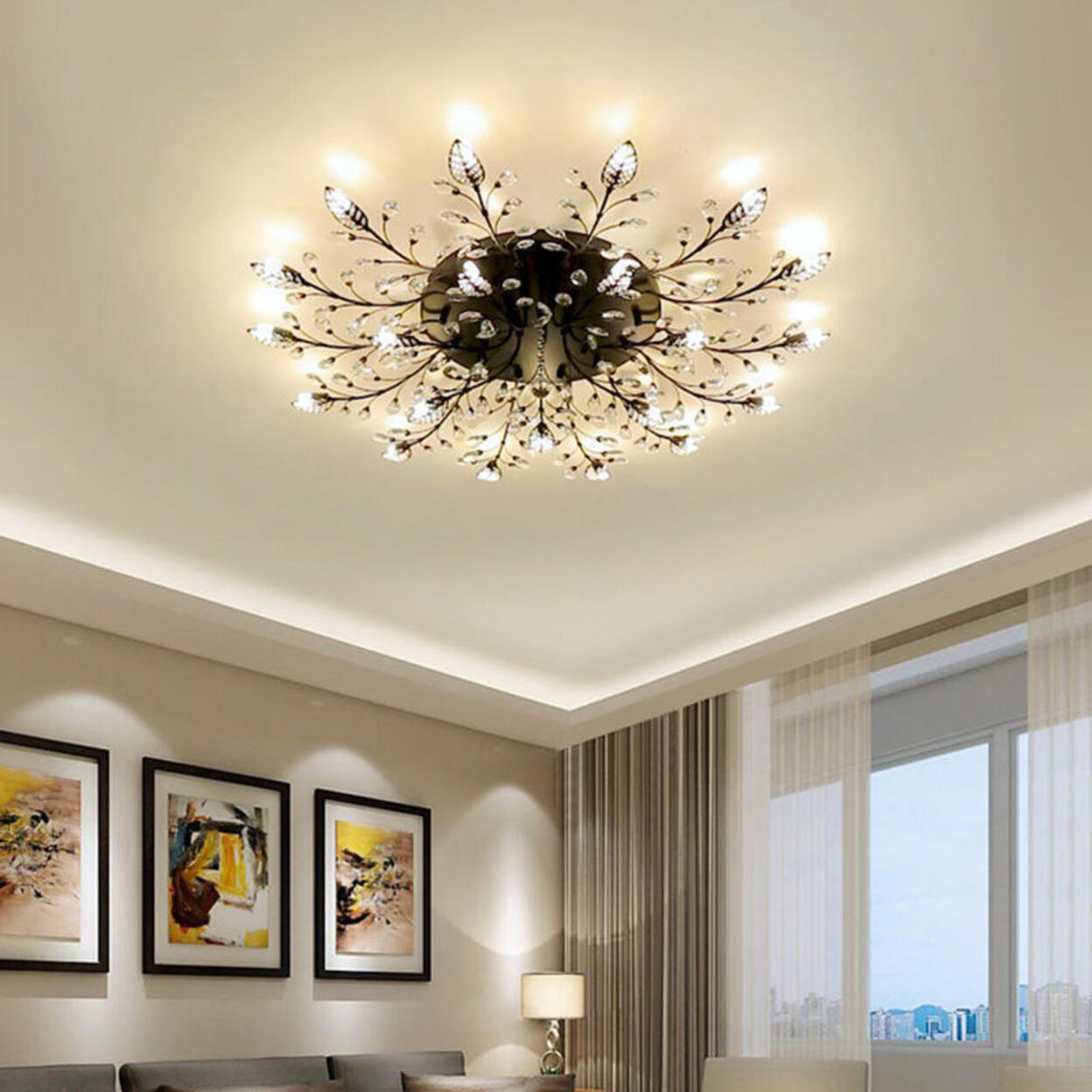 Large Gold Leaf Crystal Semi-Flush Mount Ceiling Light Image - 3