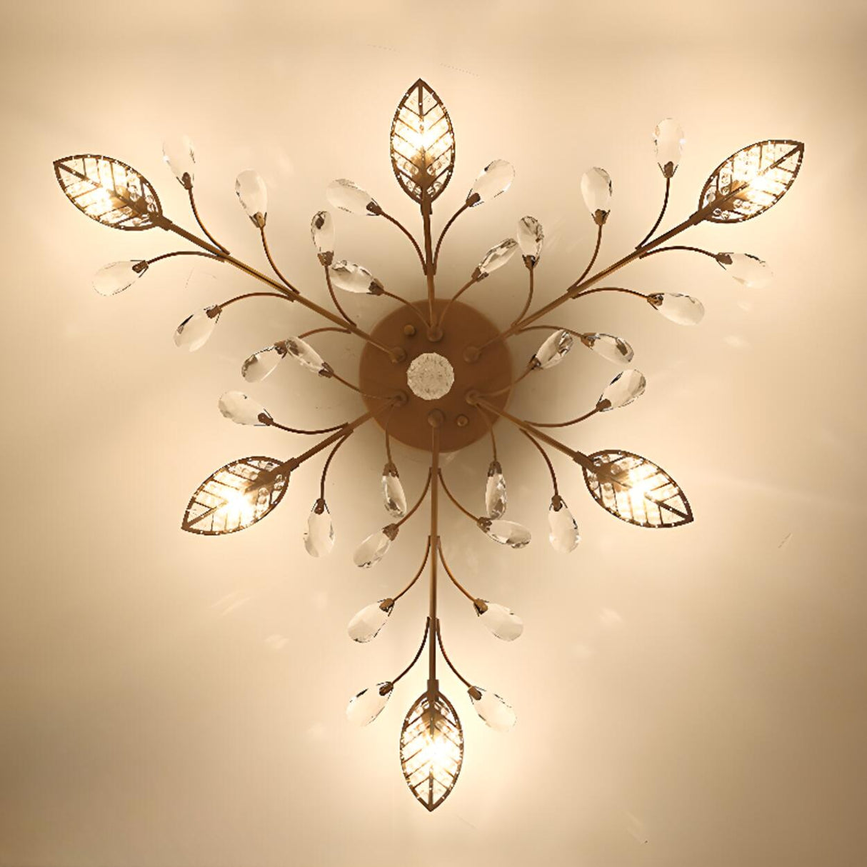 Large Gold Leaf Crystal Semi-Flush Mount Ceiling Light Image - 6