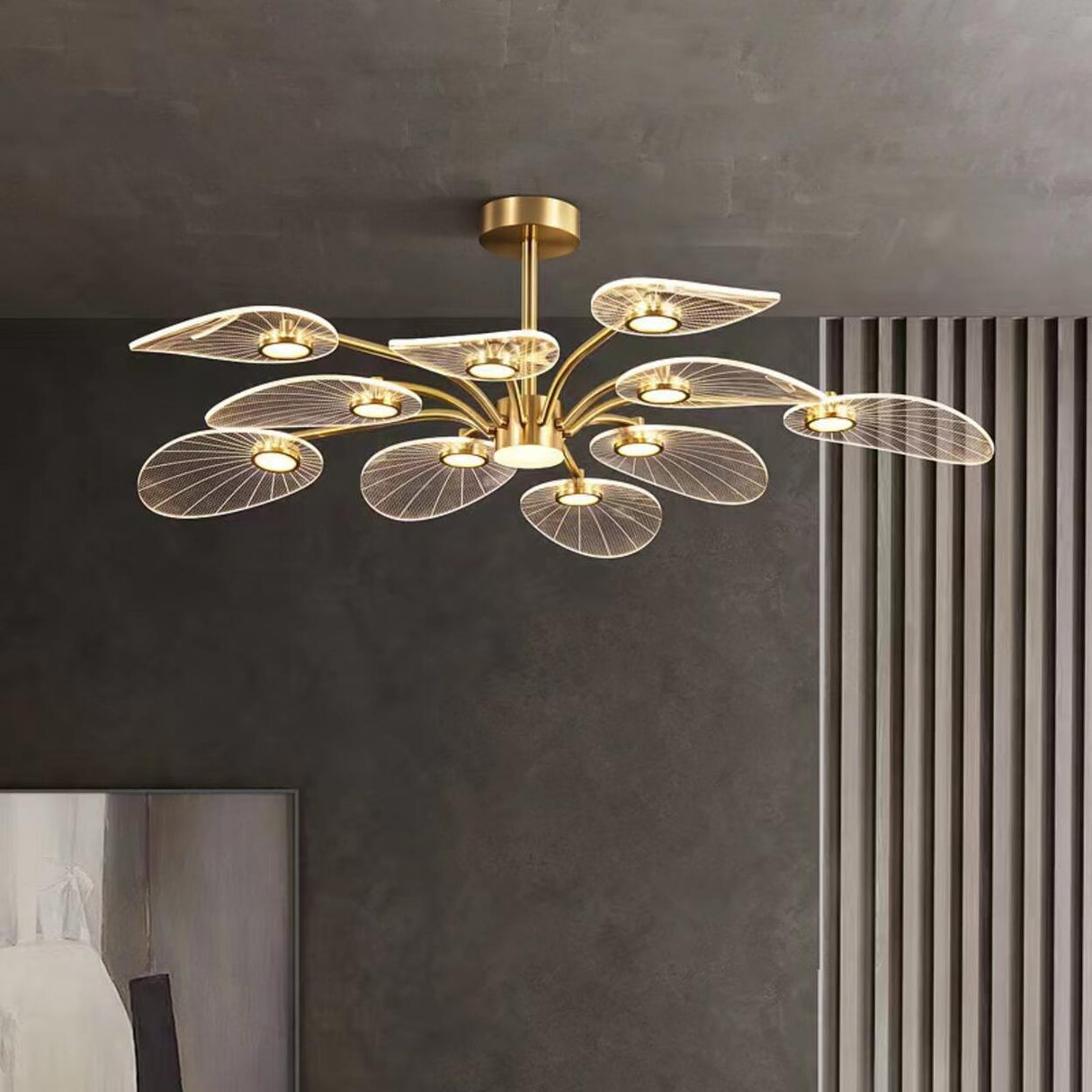 Large Gold Leaf LED Semi-Flush Mount Light Bedroom Image - 4