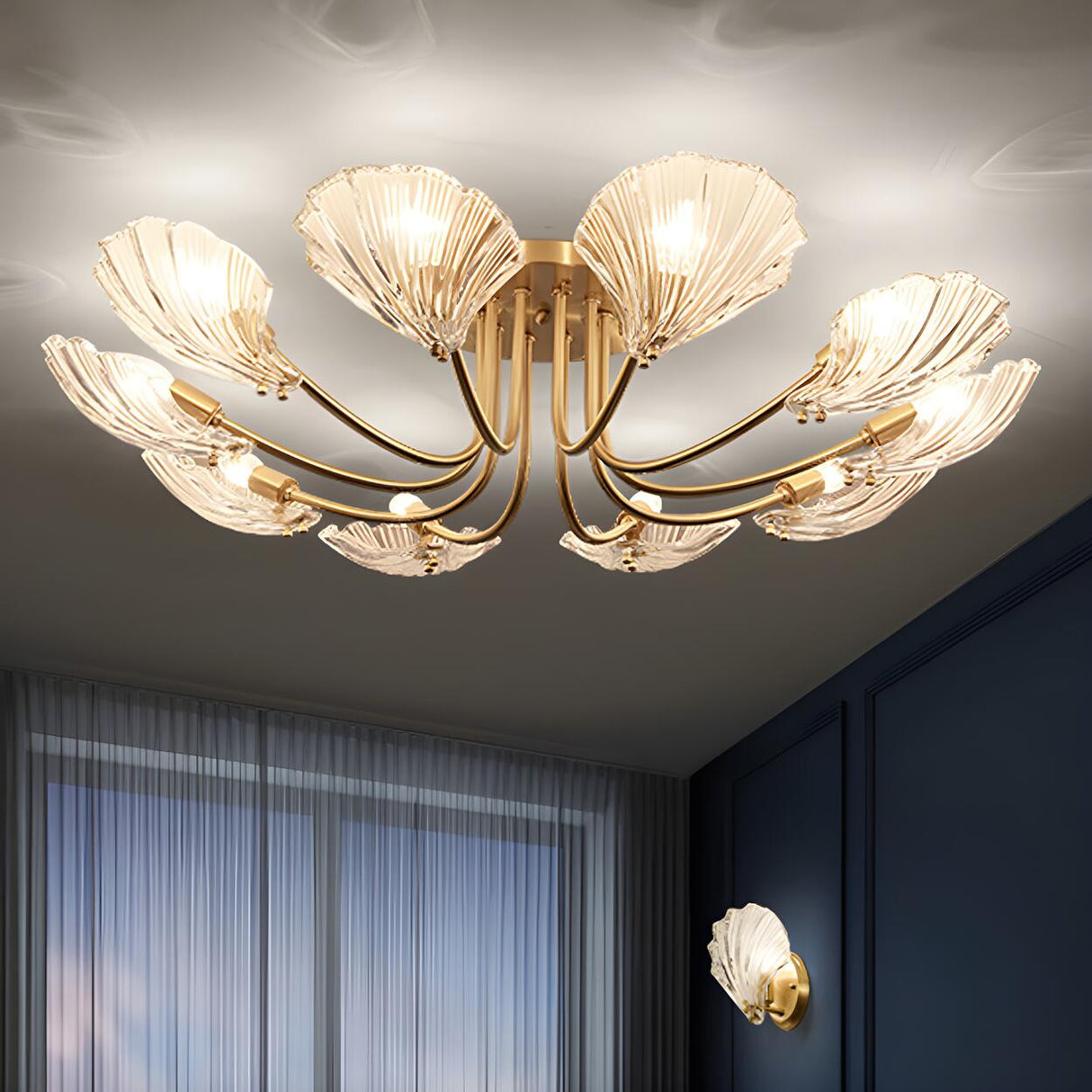 Large Gold Scallop-Shaped Crystal Semi-Flush Mount Lamp Image - 1